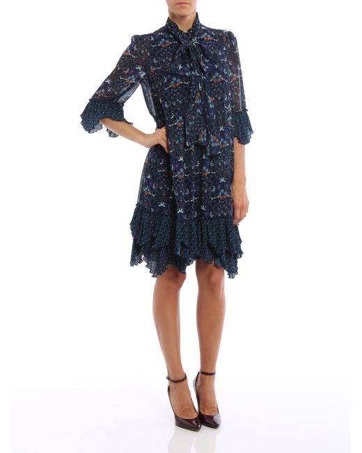 See By Chloé Blue Russian Folk Print Flounced Dress