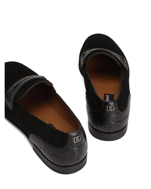 Dolce & Gabbana Black Suede Crocodile-Effect Loafers for men
