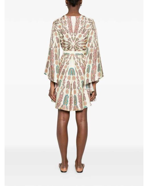 Etro Natural Cream Silk Mini Dress With All-Over Placed Floral Paisley Print With Belt