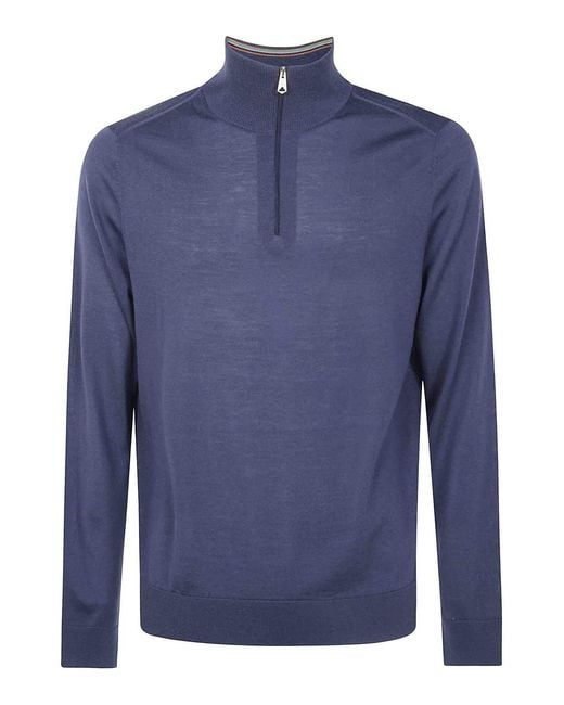 Paul Smith Blue Merino Wool Zip Neck Sweater for men