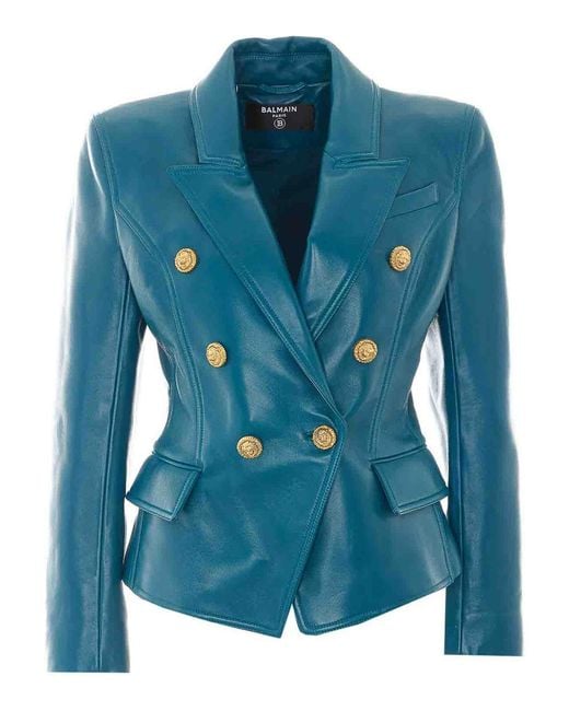 Balmain Blue Double Breasted Buttons Leather Jacket