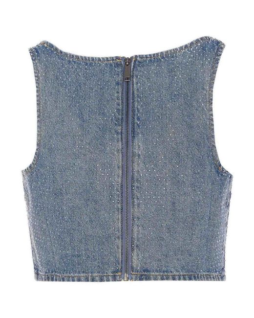 Self-Portrait Blue Rhinestone Denim Crop Top