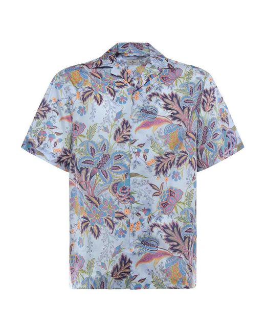 Etro Blue Cotton Poplin Bowling Shirt<Br for men