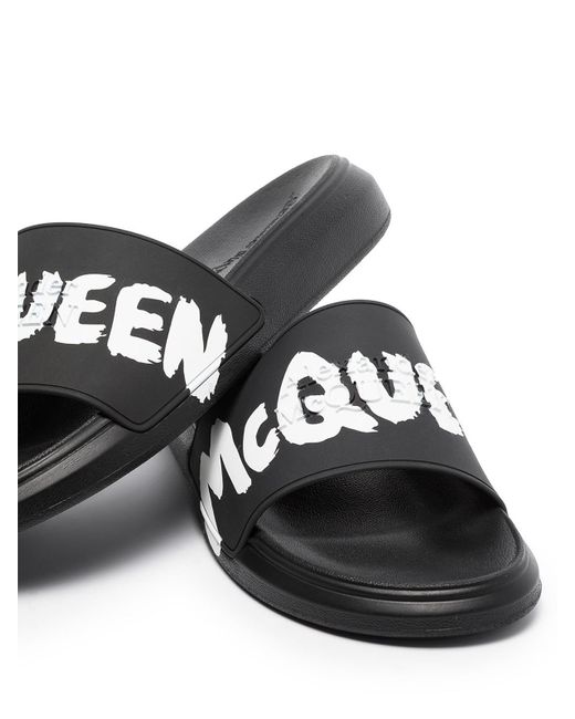 Alexander McQueen White Graffiti-logo Slip-on Slides for men