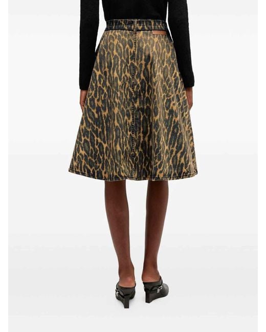 Ganni Green Leopard Midi Skirt With Belted Waist