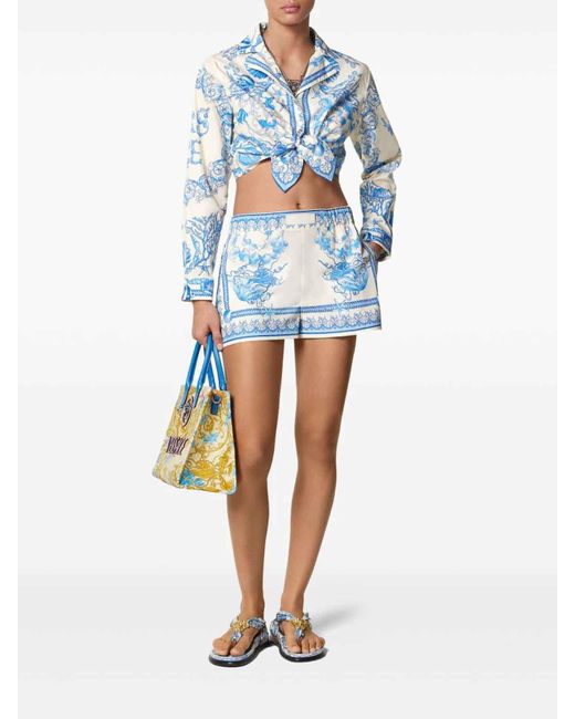 Versace Blue Cotton Shorts With Underwater Baroque Print