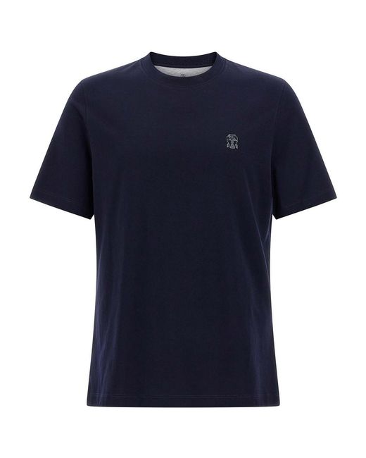 Brunello Cucinelli Blue Logo Print T-Shirt for men