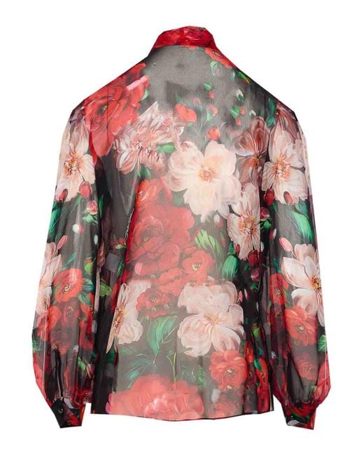 Dolce & Gabbana Red Chiffon Bow Floral Print Shirt