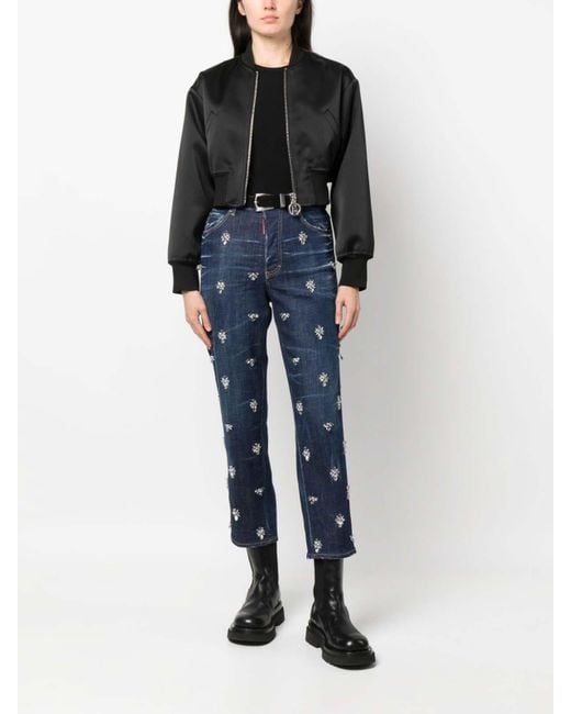 DSquared² Blue Crystal-Embellished High-Rise Straight-Leg Cropped Jeans