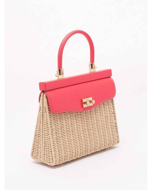 Rodo Pink Wicker And Leather Medium Handbag