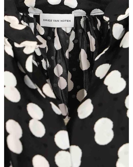 Dries Van Noten Black Polka Dot Jacquard Satin Draped Blouse