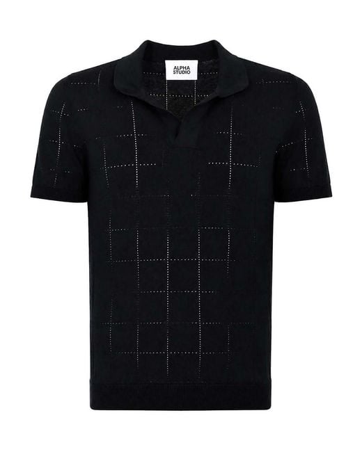 Alpha Studio Black Midnight Perforated Cotton Polo Shirt for men