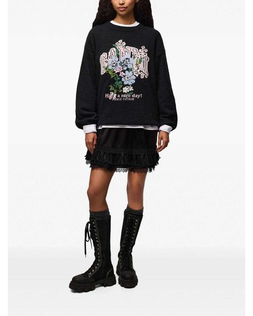 Ganni Blue Graphic Wool Oversized Sweater Flowers