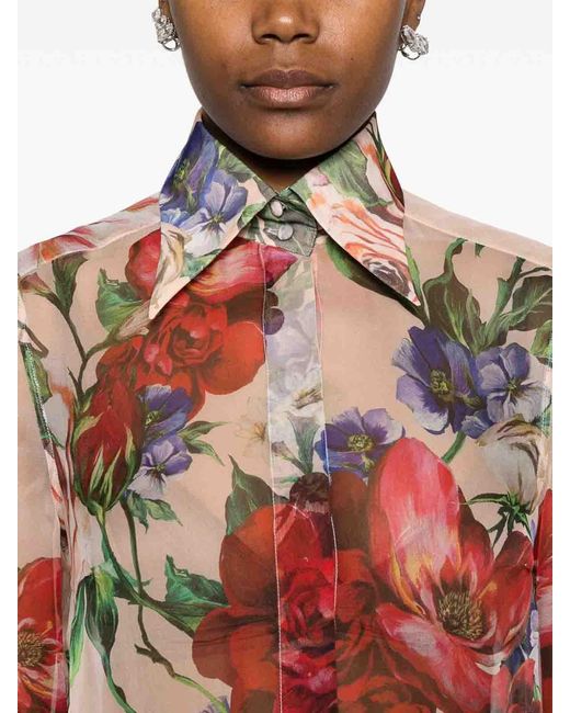 Dolce & Gabbana White Long-Sleeved Silk Shirt With Floral Print