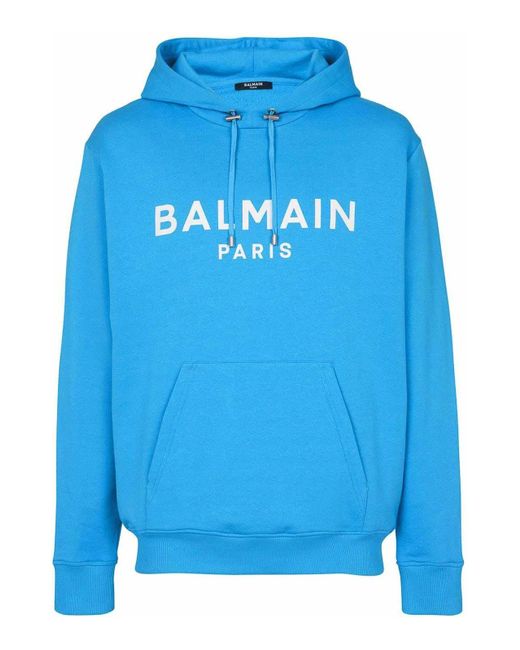 Balmain Blue Cotton Hoodie With Logo for men