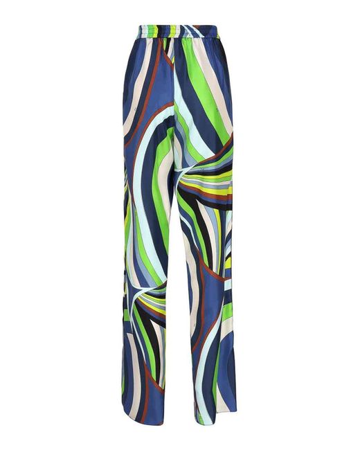 Emilio Pucci White Straight Leg Silk Trousers With Iris Print