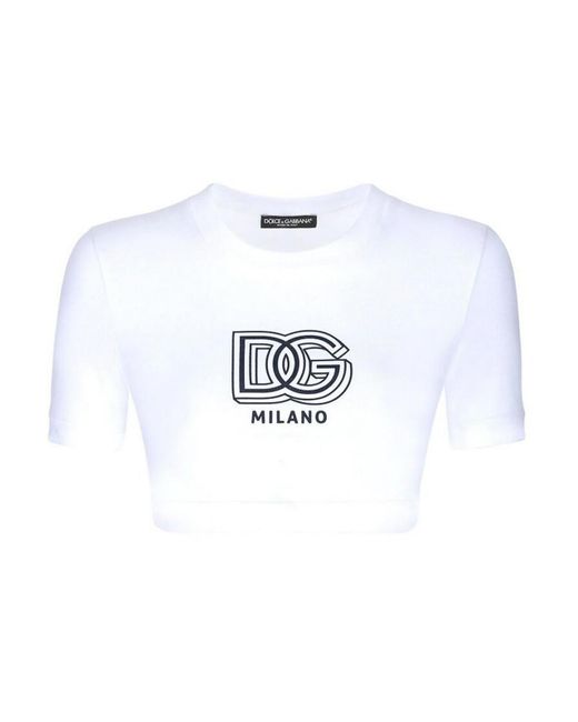 Dolce & Gabbana White Logo Print Round Neck Crop T-shirt