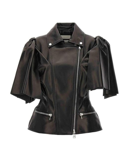 McQueen Black Sleeveless Leather Jacket With Knotted Drapery