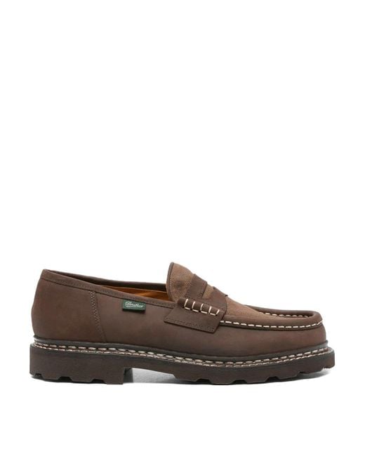 Paraboot Brown Reims Suede Loafers With Canvas Inserts for men