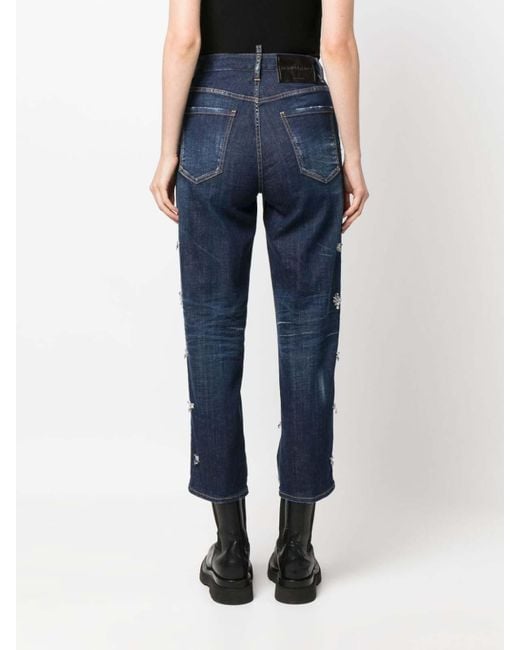 DSquared² Blue Crystal-Embellished High-Rise Straight-Leg Cropped Jeans
