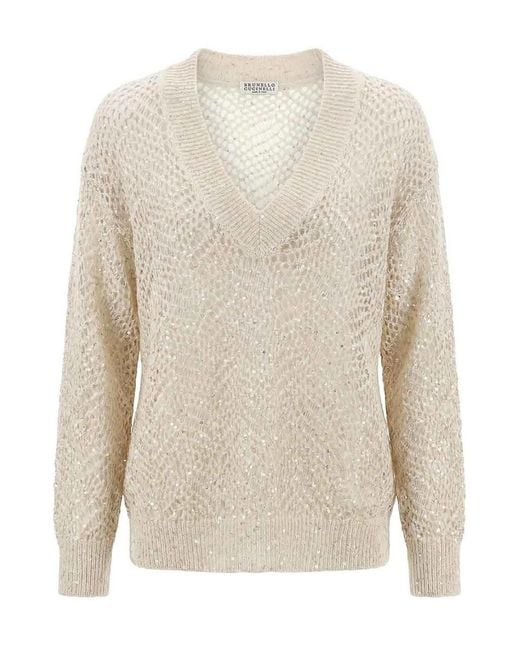 Brunello Cucinelli White V Neck Sweater
