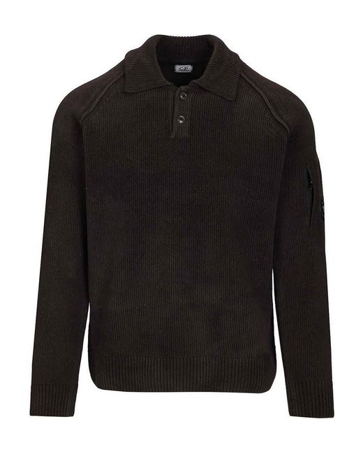 C P Company Black Polo Sweater Made Of Cotton Chenille for men