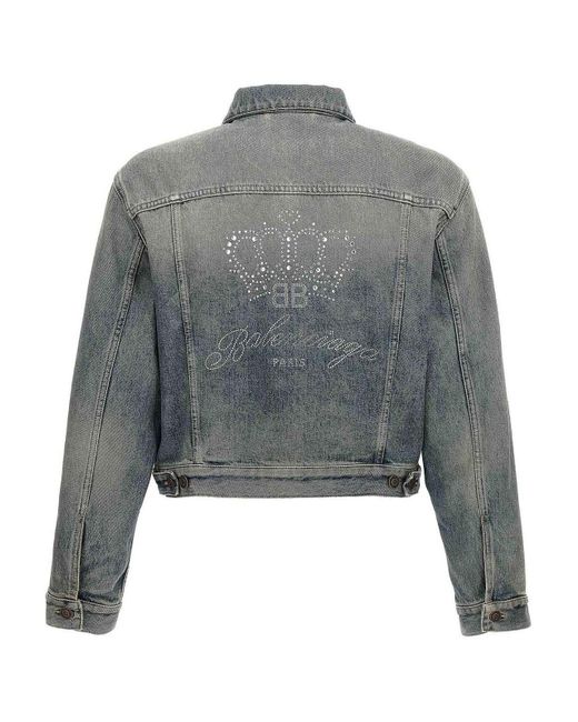 Balenciaga Gray Rhinestone Logo Denim Jacket