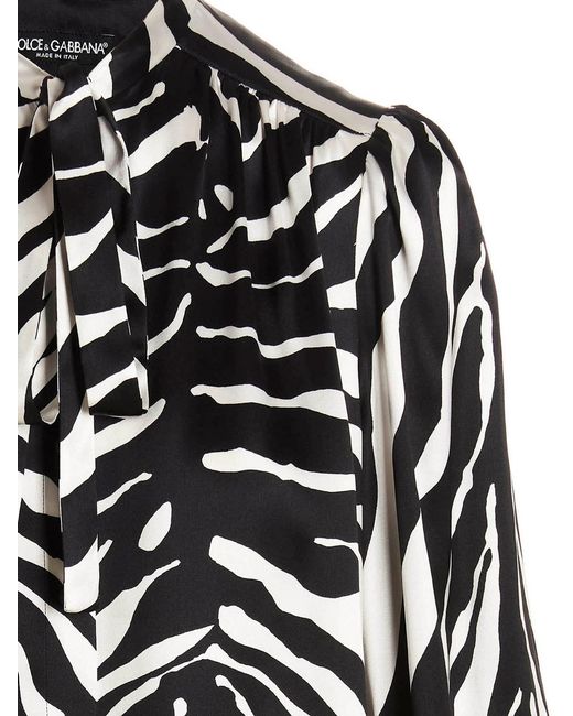 Dolce & Gabbana Black Zebra-Printed Satin Pussy-Bow Shirt