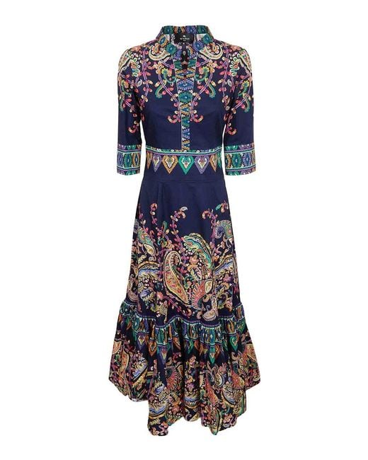 Etro Blue Maxi Shirt Dress With Hem Flounce
