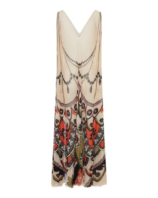 LaDoubleJ White Long Pleated Dress With Ornamental Print