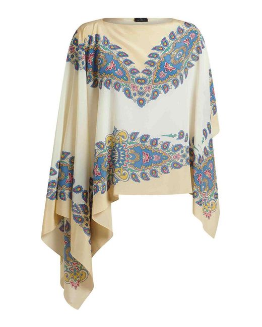 Etro Blue Asymmetric Silk Crpe De Chine Poncho
