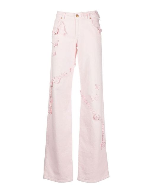 Blumarine Pink Applique-detail High-waisted Wide-leg Jeans