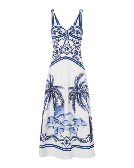 Farm Rio Blue Long Linen Dress With Tropical Print
