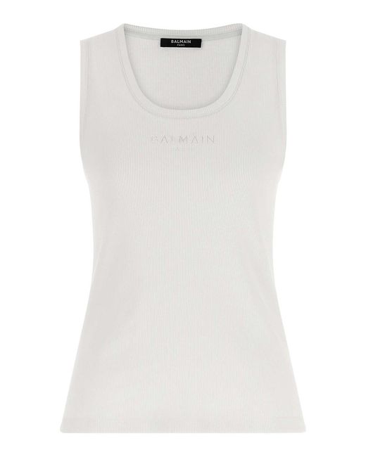 Balmain White Logo Embroidery Tank Top