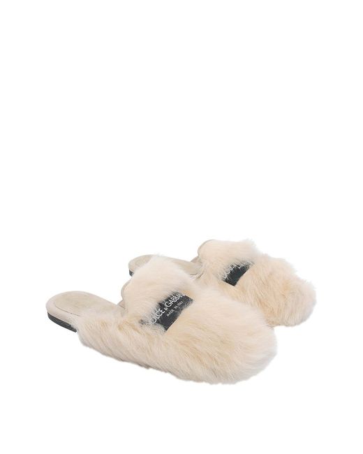 Dolce & Gabbana White Shearling And Suede Slippers
