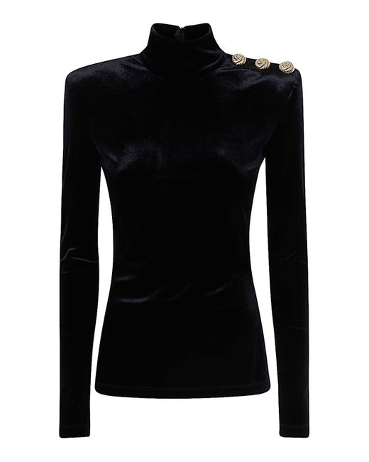 Balmain Black Long Sleeves Buttoned High Neck Velvet Top