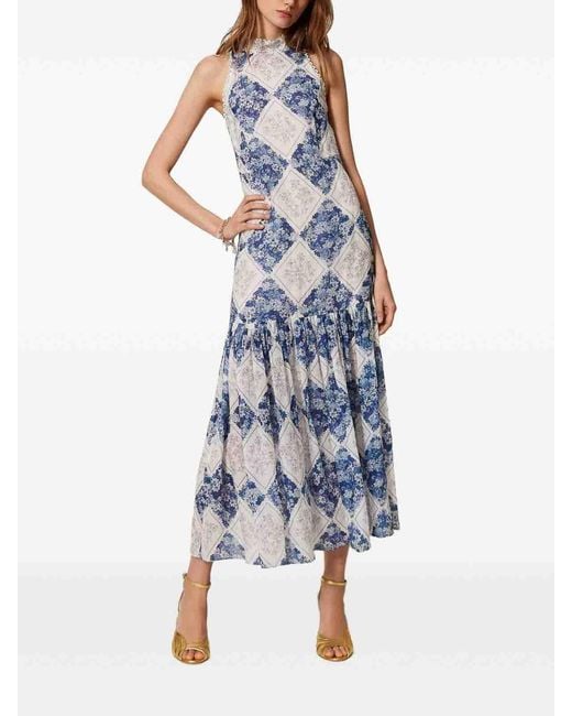 Twinset Blue Floral Print Long Dress With Pleated Details