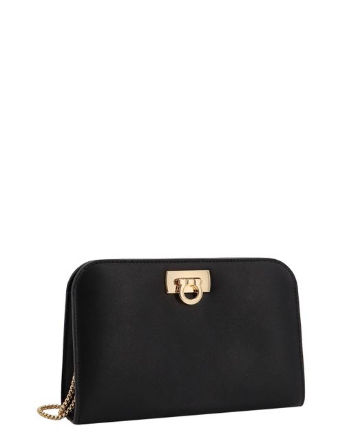 Ferragamo Black Leather Shoulder Bag Gancini Detail