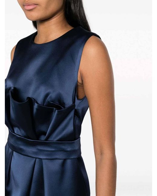 P.A.R.O.S.H. Blue Satin Pleated Belted Sleeveless Mini Dress