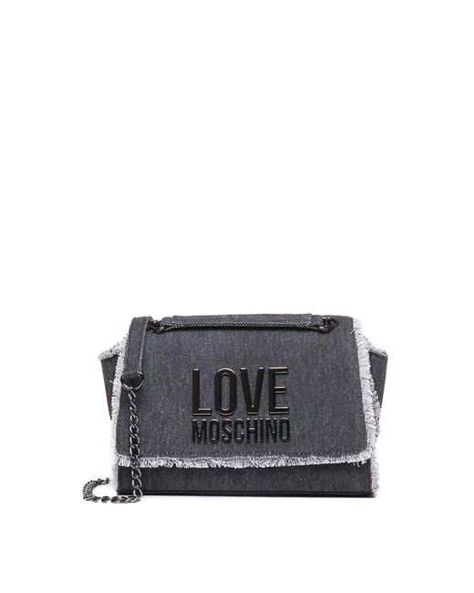 Love Moschino Gray Denim Shoulder Bag With Fringes