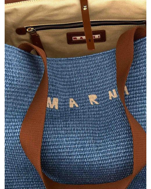 Marni Blue Large Shopping Bag With Logo Embroidery