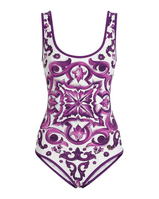 Dolce & Gabbana Purple One-Piece Swimsuit With Majolica Print