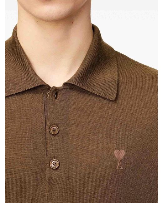 AMI Brown Wool-Silk Blend Polo Shirt for men