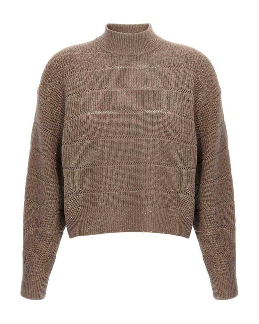 Brunello Cucinelli Brown Sequin-Embellished Sweater