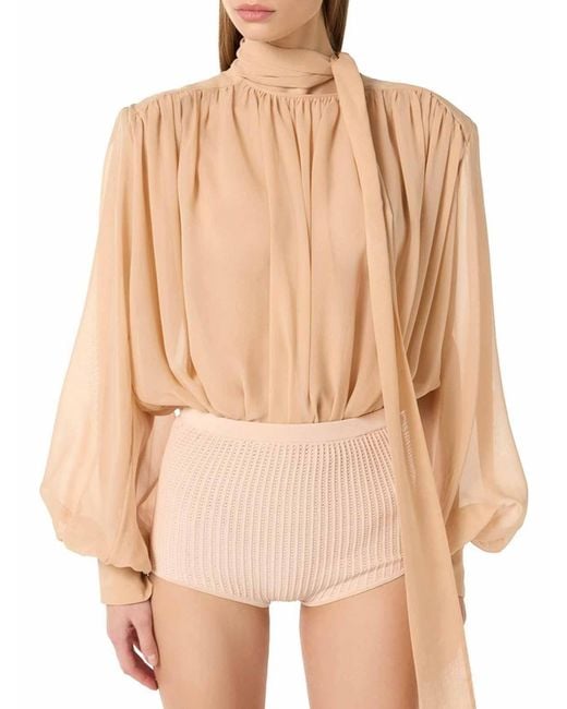 Elisabetta Franchi Natural Silk Georgette Bodysuit With Sash By