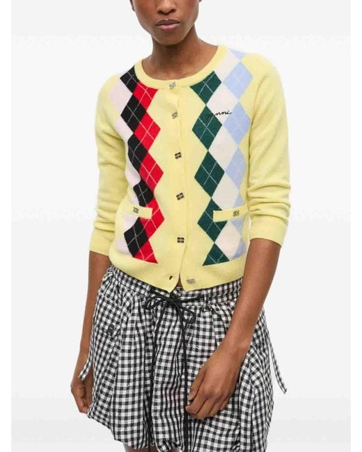 Ganni Yellow Long Sleeve Checkered Sweater With Button Closure