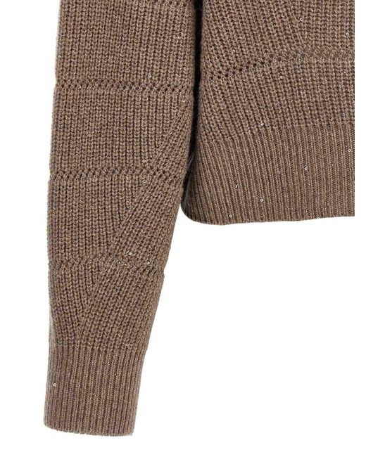 Brunello Cucinelli Brown Sequin-Embellished Sweater