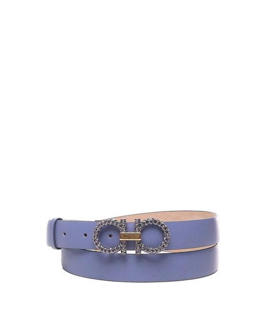 Ferragamo Blue Leather Belt With Embellished Gancino Buckle