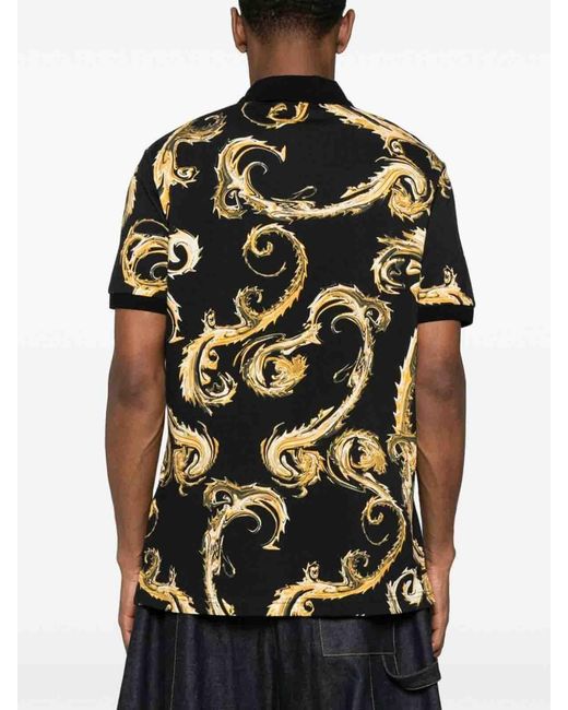 Versace Jeans Couture Black Cotton Polo Shirt With Baroque Print for men