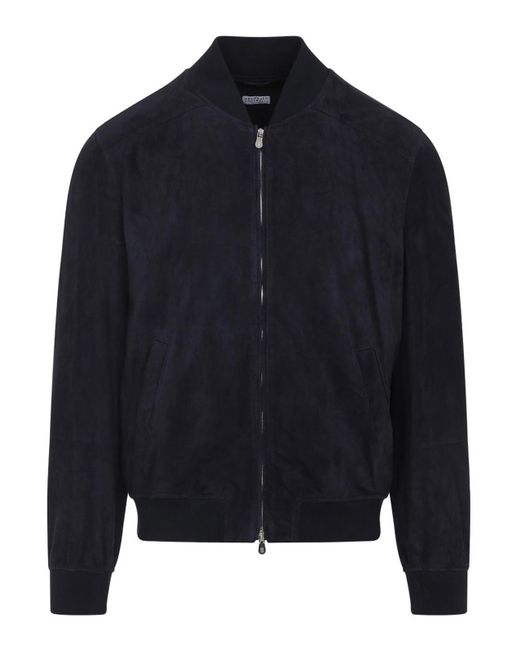 Brunello Cucinelli Blue Suede Leather Jacket for men
